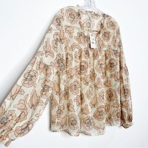 NWT Lucky Brand Neutral Floral Puff Long Sleeve Sheer Blouse Size Large